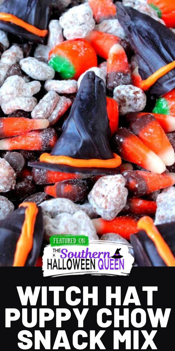 Share this spooky snack with the Halloween witches in your life! This Witch Hat Puppy Chow Snack is packed with Halloween cereal, candy and chocolate witch hats!

 via @southernhalloweenqueen