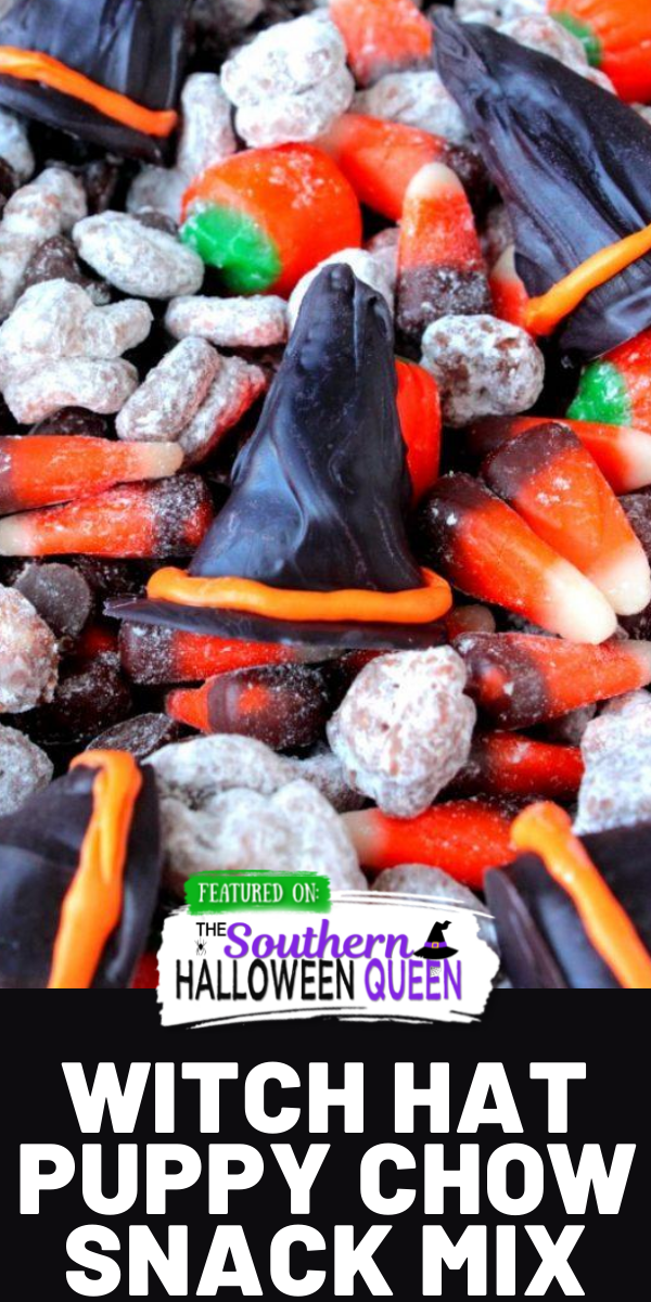 Share this spooky snack with the Halloween witches in your life! This Witch Hat Puppy Chow Snack is packed with Halloween cereal, candy and chocolate witch hats!

 via @southernhalloweenqueen