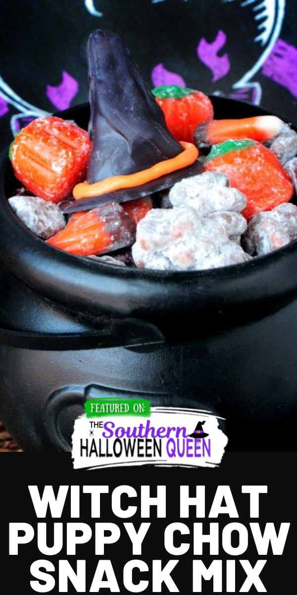 Share this spooky snack with the Halloween witches in your life! This Witch Hat Puppy Chow Snack is packed with Halloween cereal, candy and chocolate witch hats!

 via @southernhalloweenqueen