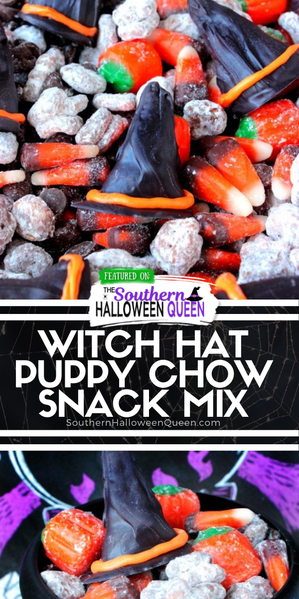 Share this spooky snack with the Halloween witches in your life! This Witch Hat Puppy Chow Snack is packed with Halloween cereal, candy and chocolate witch hats!

 via @southernhalloweenqueen
