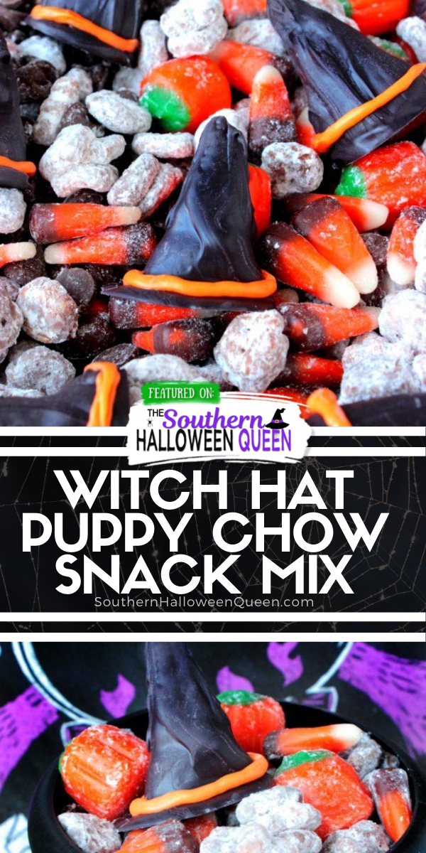 Share this spooky snack with the Halloween witches in your life! This Witch Hat Puppy Chow Snack is packed with Halloween cereal, candy and chocolate witch hats!

 via @southernhalloweenqueen