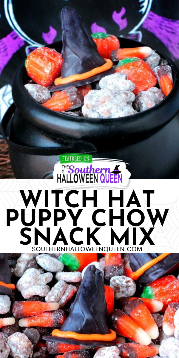 Share this spooky snack with the Halloween witches in your life! This Witch Hat Puppy Chow Snack is packed with Halloween cereal, candy and chocolate witch hats!

 via @southernhalloweenqueen