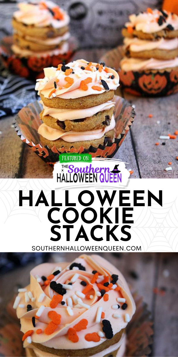 Halloween Cookie Stacks - Swirls of icing and cookie make these Halloween Cookie Stacks a quick and simple Halloween Treat!  via @southernhalloweenqueen