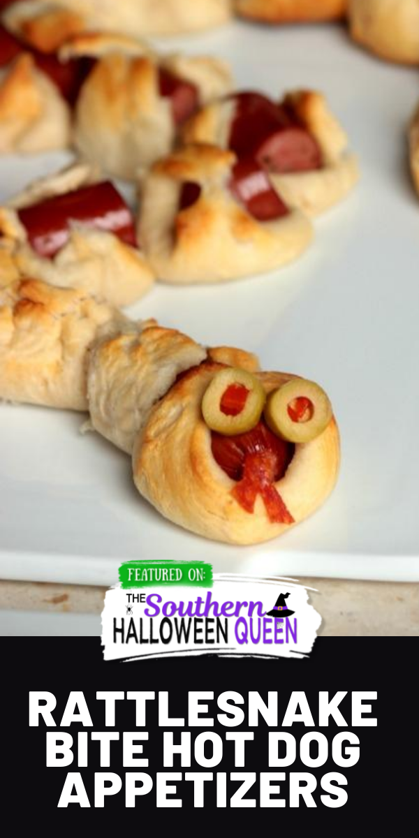 Rattlesnake Bite Hot Dog Appetizers -  Easy to make and easy to eat! Rattlesnake Bite Hot Dog Appetizers need to be front and center at your Halloween Party this year! via @southernhalloweenqueen