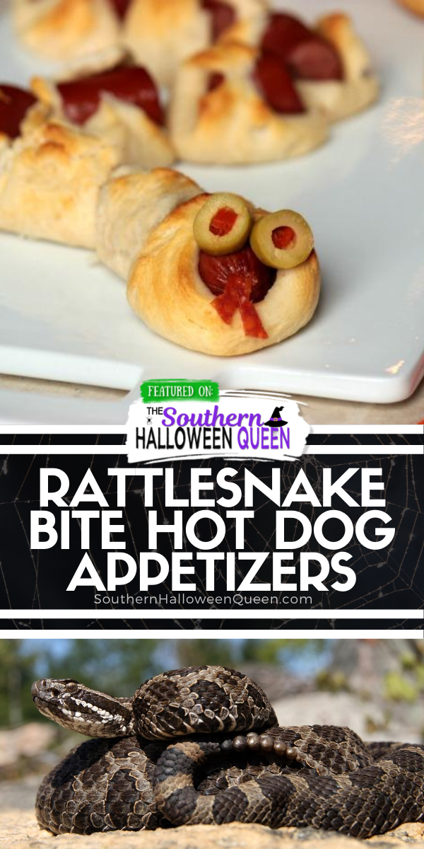 Rattlesnake Bite Hot Dog Appetizers -  Easy to make and easy to eat! Rattlesnake Bite Hot Dog Appetizers need to be front and center at your Halloween Party this year! via @southernhalloweenqueen