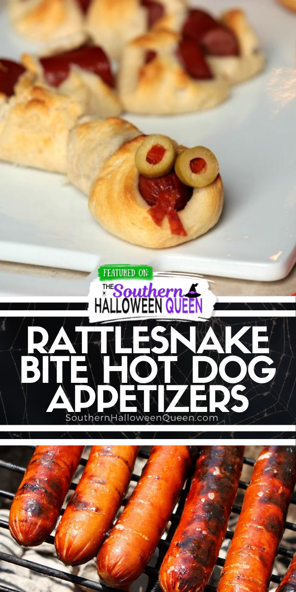 Rattlesnake Bite Hot Dog Appetizers -  Easy to make and easy to eat! Rattlesnake Bite Hot Dog Appetizers need to be front and center at your Halloween Party this year! via @southernhalloweenqueen