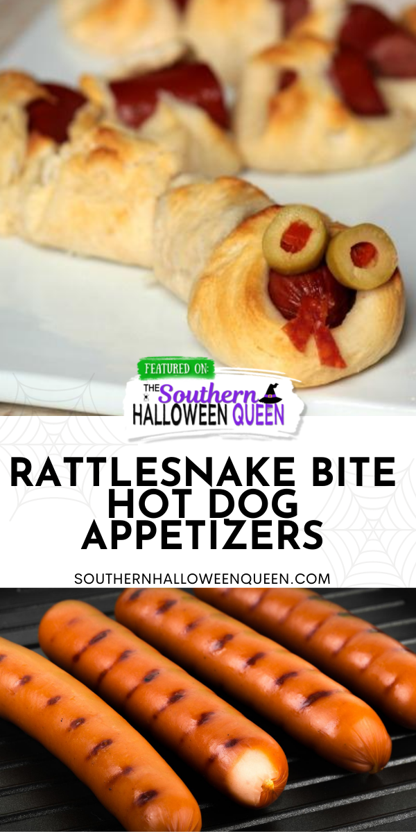 Rattlesnake Bite Hot Dog Appetizers -  Easy to make and easy to eat! Rattlesnake Bite Hot Dog Appetizers need to be front and center at your Halloween Party this year! via @southernhalloweenqueen