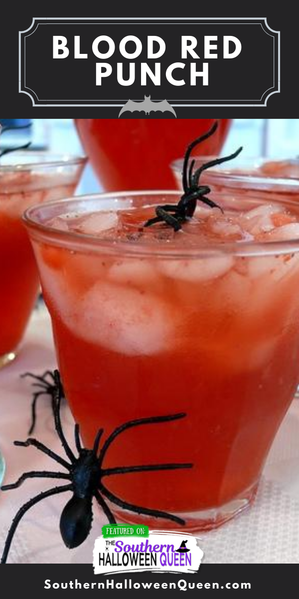 Red Blood Punch - This Frightening Blood Red Punch is simple to make with a few ingredients and frozen fruit! Plus you can add in homemade spider ice cubes for a fun Halloween look!  via @southernhalloweenqueen