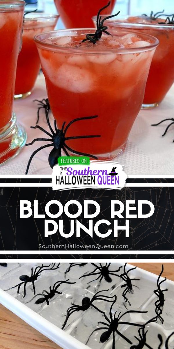 Red Blood Punch - This Frightening Blood Red Punch is simple to make with a few ingredients and frozen fruit! Plus you can add in homemade spider ice cubes for a fun Halloween look!  via @southernhalloweenqueen