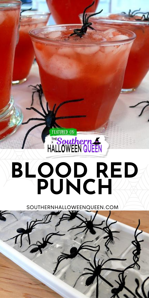 Red Blood Punch - This Frightening Blood Red Punch is simple to make with a few ingredients and frozen fruit! Plus you can add in homemade spider ice cubes for a fun Halloween look!  via @southernhalloweenqueen