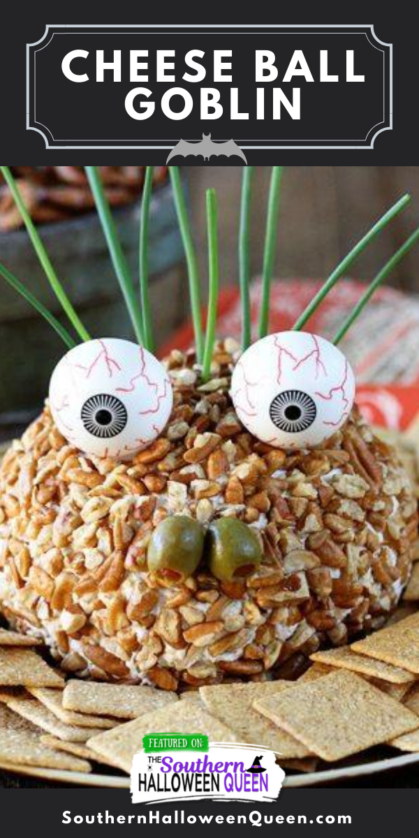This is the perfect snack/appetizer to add to your Halloween party spread!  Turn Stacey's hugely popular Ranch Chicken Cheese Ball into this fun and festive Cheese Ball Goblin! via @southernhalloweenqueen