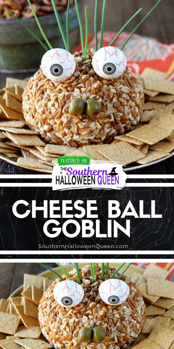 This is the perfect snack/appetizer to add to your Halloween party spread!  Turn Stacey's hugely popular Ranch Chicken Cheese Ball into this fun and festive Cheese Ball Goblin! via @southernhalloweenqueen