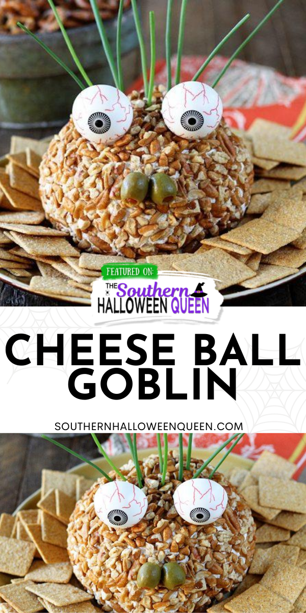 This is the perfect snack/appetizer to add to your Halloween party spread!  Turn Stacey's hugely popular Ranch Chicken Cheese Ball into this fun and festive Cheese Ball Goblin! via @southernhalloweenqueen