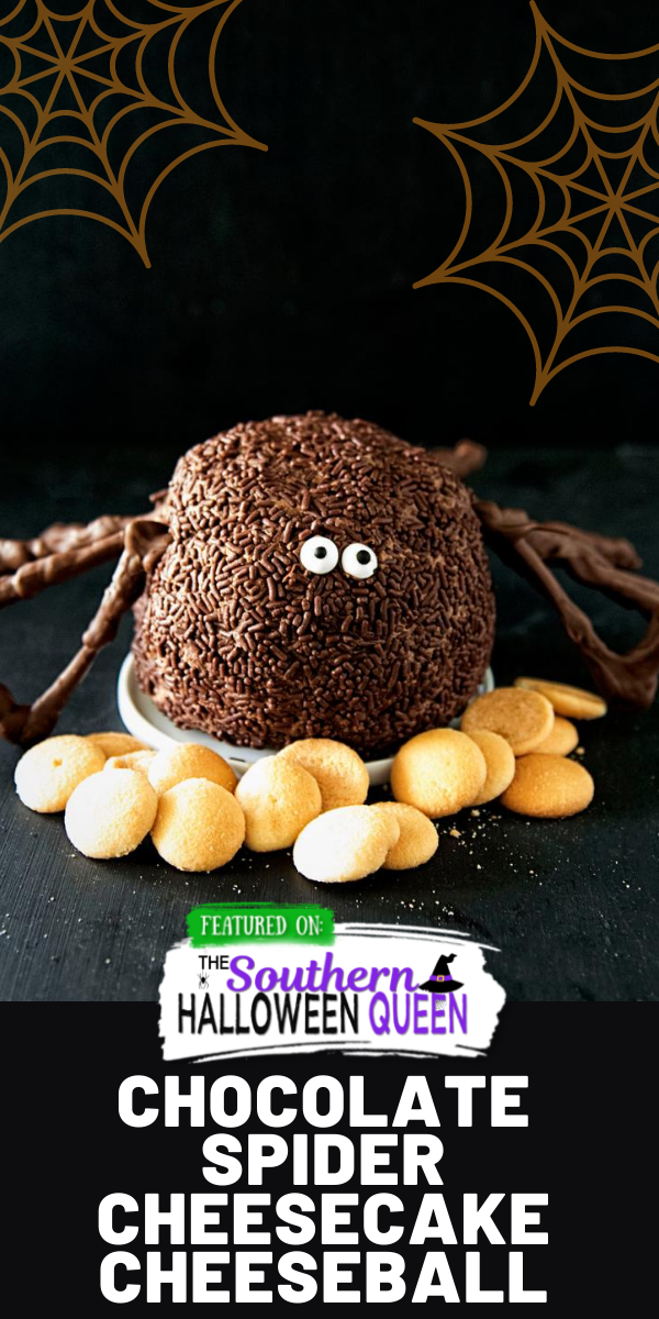 A sneaky spider is creeping up to the dessert table in the shape of this Chocolate Spider Cheesecake Cheeseball!  via @southernhalloweenqueen