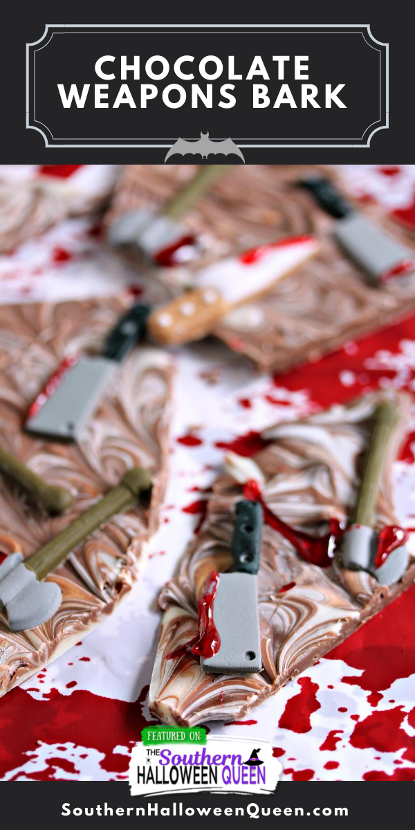 Chocolate Weapons Bark - Are chocolate cravings hitting during the zombie apocalypse? Ready to snack on a bloody chocolate treat this Halloween? This Chocolate Weapons Bark is what you need! via @southernhalloweenqueen