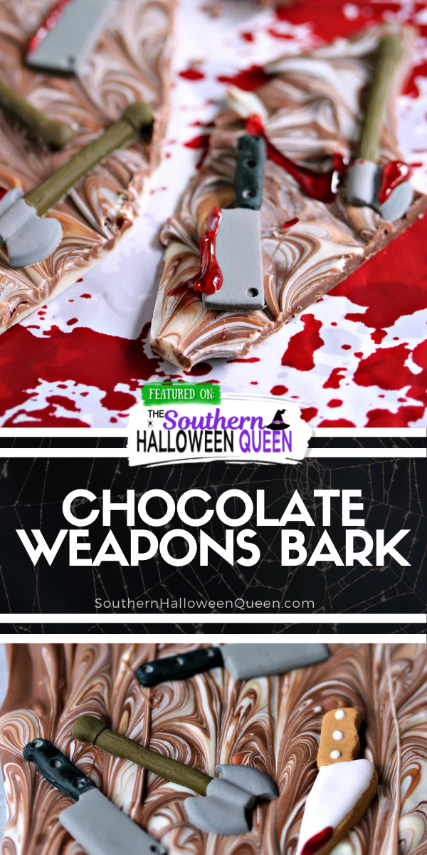 Chocolate Weapons Bark - Are chocolate cravings hitting during the zombie apocalypse? Ready to snack on a bloody chocolate treat this Halloween? This Chocolate Weapons Bark is what you need! via @southernhalloweenqueen