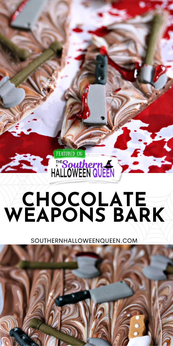 Chocolate Weapons Bark - Are chocolate cravings hitting during the zombie apocalypse? Ready to snack on a bloody chocolate treat this Halloween? This Chocolate Weapons Bark is what you need! via @southernhalloweenqueen