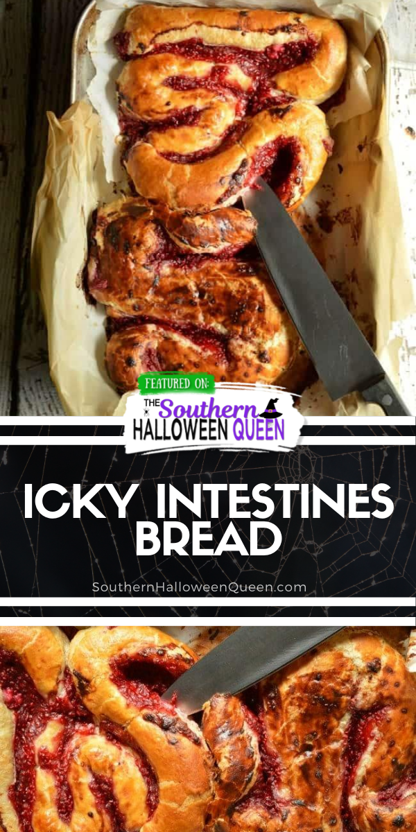 Icky Intestines Bread is Puff pastry that has been filled with sweet cream cheese and raspberry sauce! Then it's rolled up into large and small intestine shapes and baked for a sweet breakfast or dessert icky good Halloween treat. via @southernhalloweenqueen