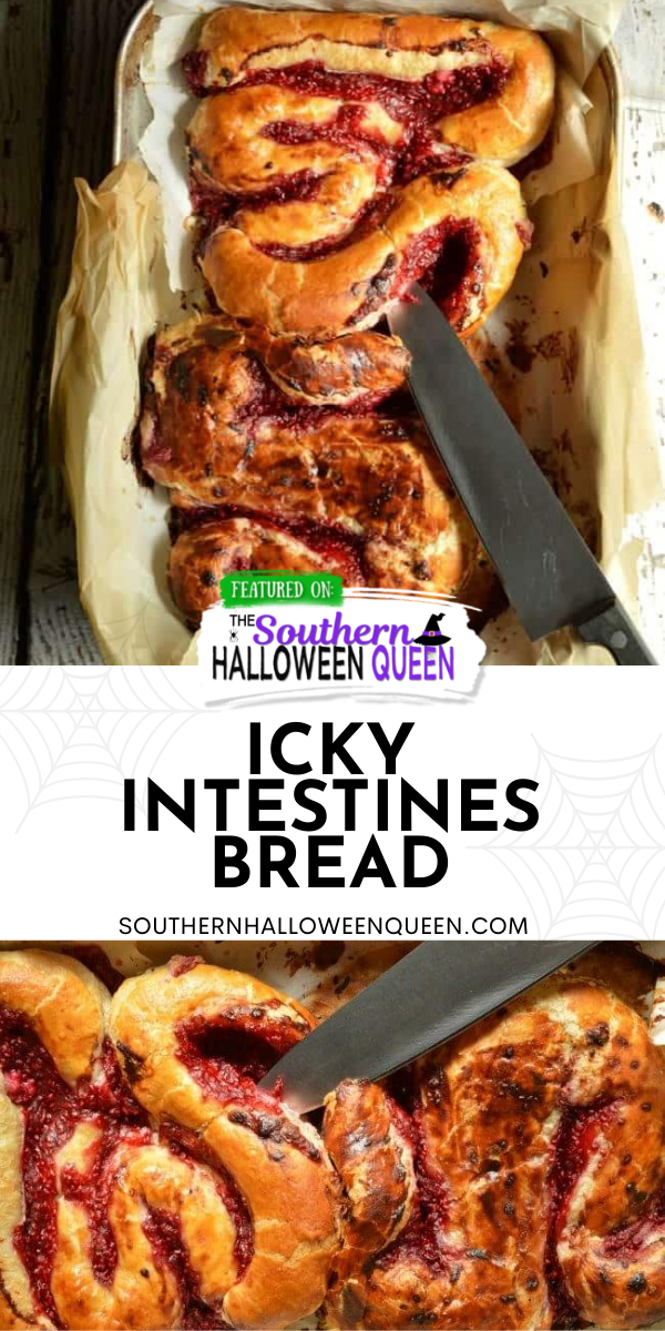 Icky Intestines Bread is Puff pastry that has been filled with sweet cream cheese and raspberry sauce! Then it's rolled up into large and small intestine shapes and baked for a sweet breakfast or dessert icky good Halloween treat. via @southernhalloweenqueen