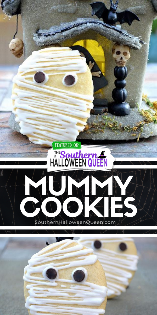 Mummy Cookies - These easy Mummy Cookies are made with sugar cookies, a bit of white icing for bandages and chocolate chips for eyes! via @southernhalloweenqueen