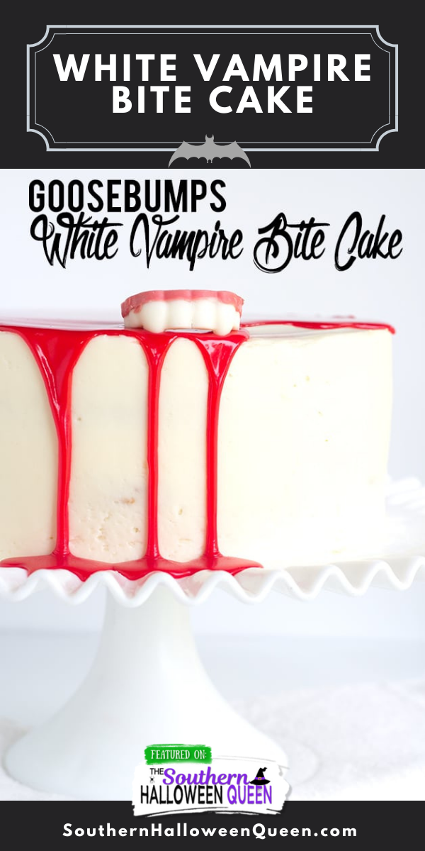 This White Vampire Bite Cake is a tender white cake filled with pockets of red gel and covered with a white vanilla frosting. It’s then topped with a blood red white chocolate ganache and chocolate vampire fangs! via @southernhalloweenqueen