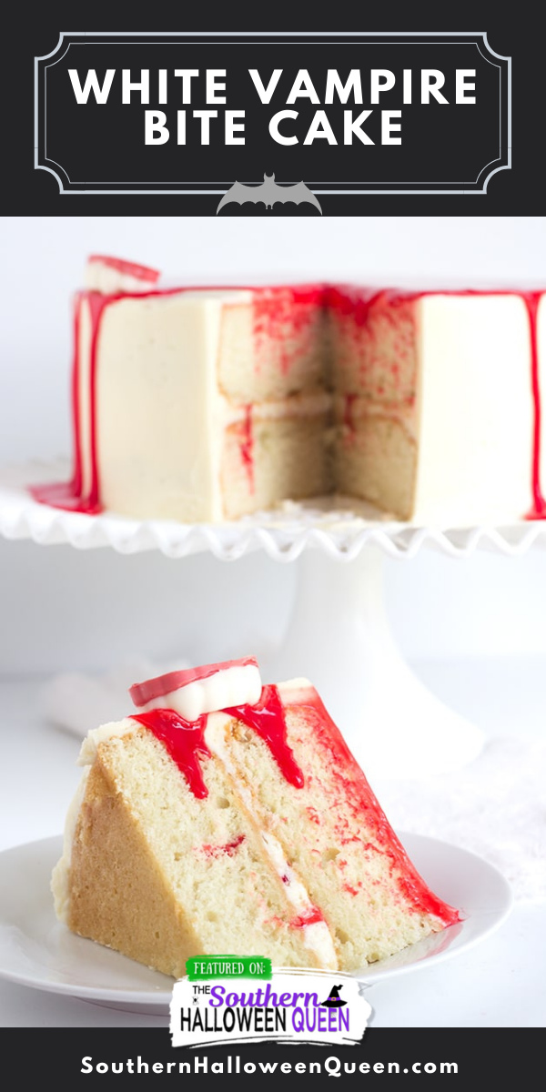 This White Vampire Bite Cake is a tender white cake filled with pockets of red gel and covered with a white vanilla frosting. It’s then topped with a blood red white chocolate ganache and chocolate vampire fangs! via @southernhalloweenqueen