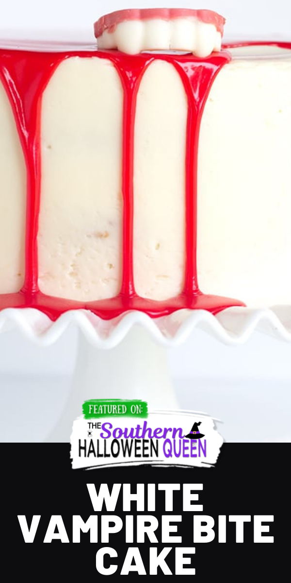 This White Vampire Bite Cake is a tender white cake filled with pockets of red gel and covered with a white vanilla frosting. It’s then topped with a blood red white chocolate ganache and chocolate vampire fangs! via @southernhalloweenqueen