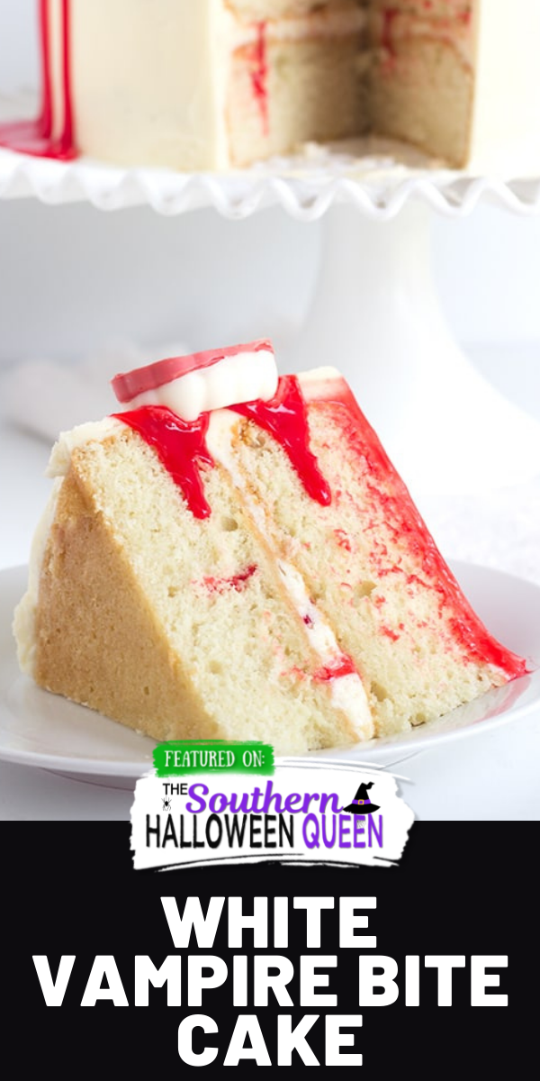 This White Vampire Bite Cake is a tender white cake filled with pockets of red gel and covered with a white vanilla frosting. It’s then topped with a blood red white chocolate ganache and chocolate vampire fangs! via @southernhalloweenqueen