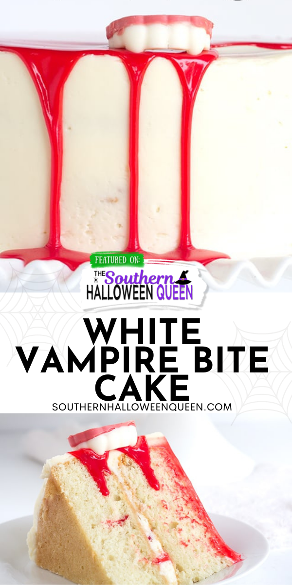 This White Vampire Bite Cake is a tender white cake filled with pockets of red gel and covered with a white vanilla frosting. It’s then topped with a blood red white chocolate ganache and chocolate vampire fangs! via @southernhalloweenqueen
