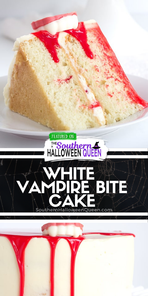 This White Vampire Bite Cake is a tender white cake filled with pockets of red gel and covered with a white vanilla frosting. It’s then topped with a blood red white chocolate ganache and chocolate vampire fangs! via @southernhalloweenqueen