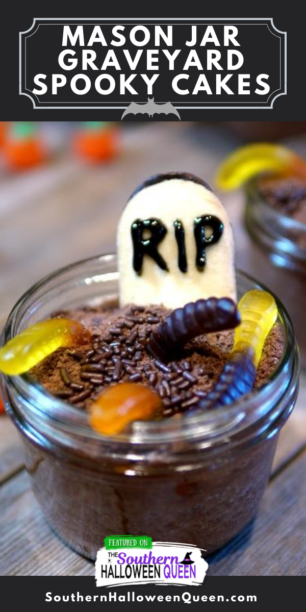 Mason Jar Graveyard Spooky Cakes - Mason Jar Graveyard Spooky Cakes are little chocolate cakes that are baked in jar s and decorated to look like cute but creepy graveyards for Halloween!  via @southernhalloweenqueen
