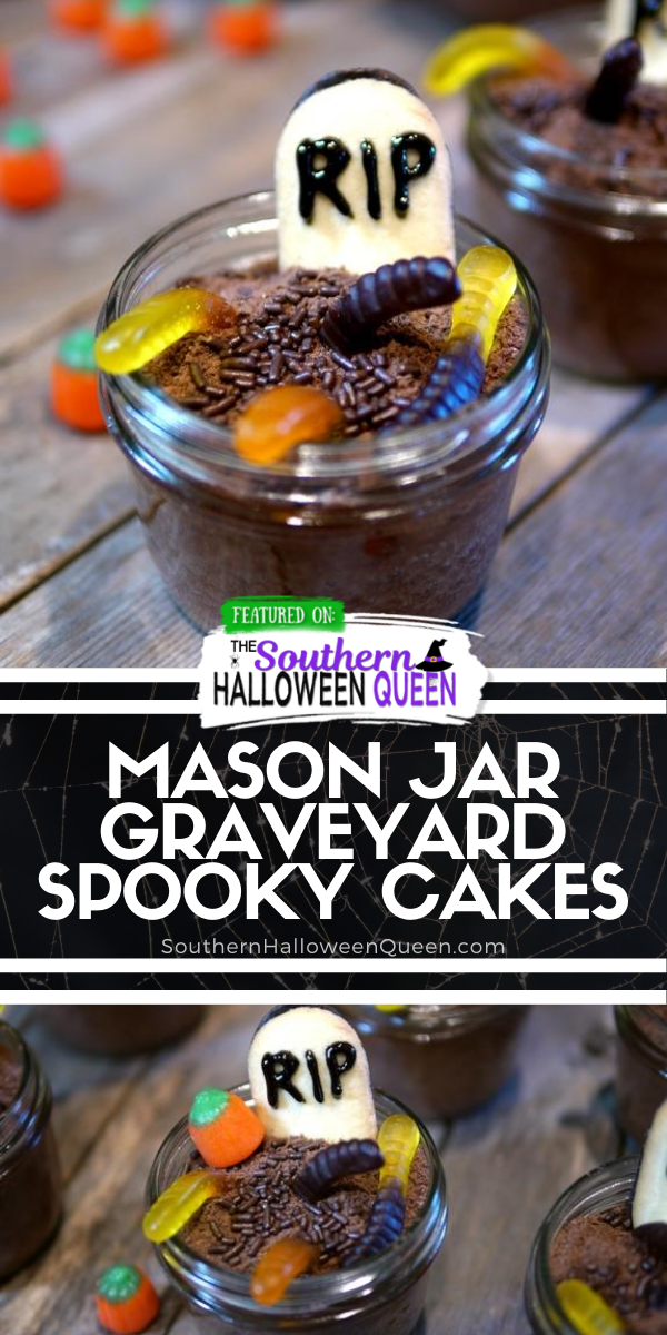 Mason Jar Graveyard Spooky Cakes - Mason Jar Graveyard Spooky Cakes are little chocolate cakes that are baked in jar s and decorated to look like cute but creepy graveyards for Halloween!  via @southernhalloweenqueen