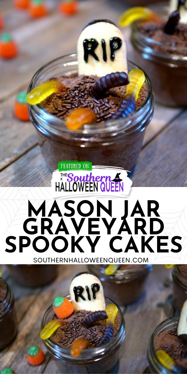 Mason Jar Graveyard Spooky Cakes - Mason Jar Graveyard Spooky Cakes are little chocolate cakes that are baked in jar s and decorated to look like cute but creepy graveyards for Halloween!  via @southernhalloweenqueen