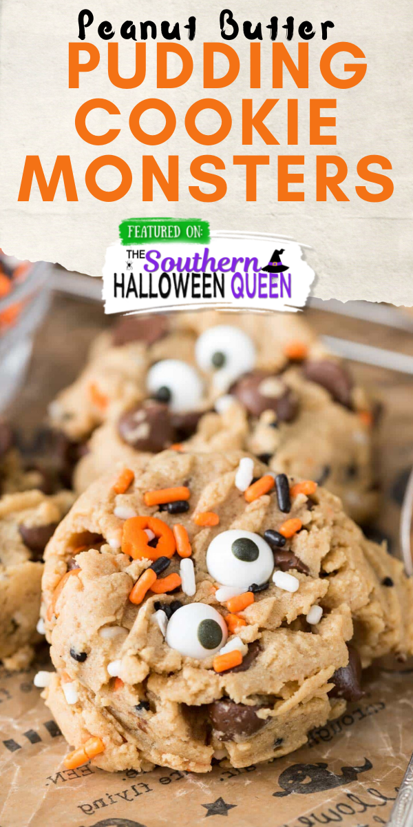 These Peanut Butter Pudding Cookie Monsters are easy peanut butter cookie recipe has pudding mix in the dough to keep them soft. I love this easy recipe, especially with chocolate chips inside! And you can turn them into monsters for Halloween! via @southernhalloweenqueen