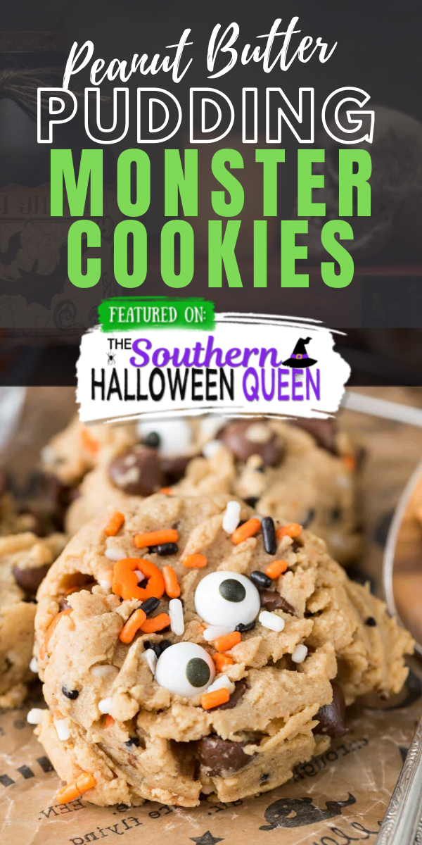 These Peanut Butter Pudding Cookie Monsters are easy peanut butter cookie recipe has pudding mix in the dough to keep them soft. I love this easy recipe, especially with chocolate chips inside! And you can turn them into monsters for Halloween! via @southernhalloweenqueen