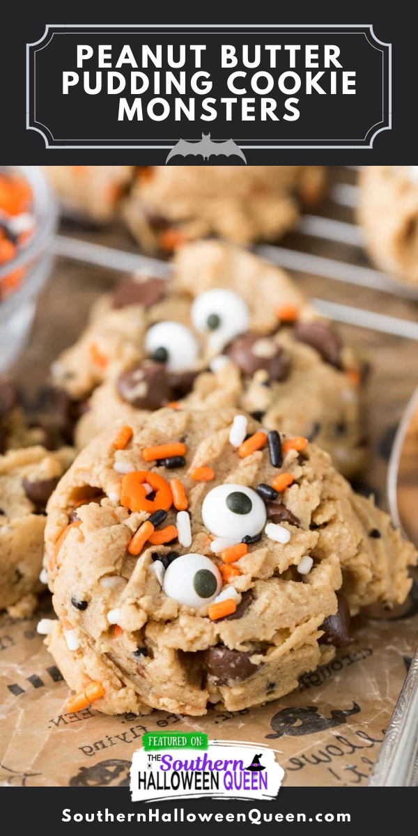 These Peanut Butter Pudding Cookie Monsters are easy peanut butter cookie recipe has pudding mix in the dough to keep them soft. I love this easy recipe, especially with chocolate chips inside! And you can turn them into monsters for Halloween! via @southernhalloweenqueen