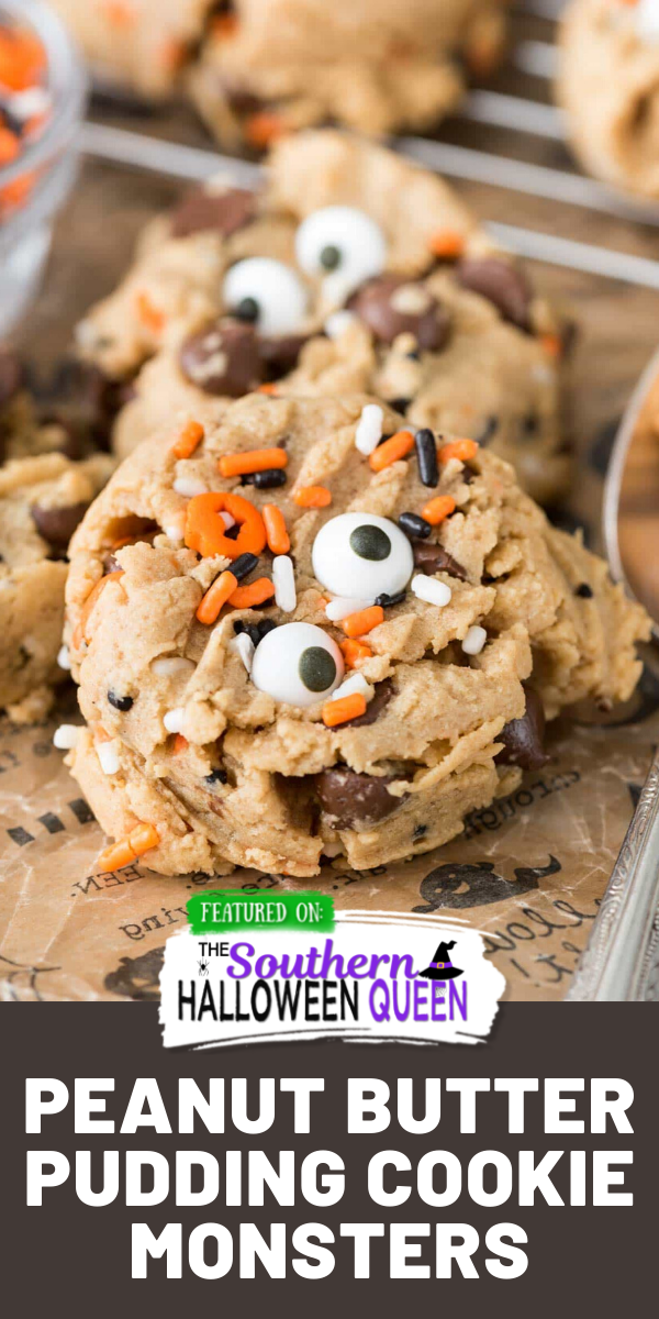 These Peanut Butter Pudding Cookie Monsters are easy peanut butter cookie recipe has pudding mix in the dough to keep them soft. I love this easy recipe, especially with chocolate chips inside! And you can turn them into monsters for Halloween! via @southernhalloweenqueen