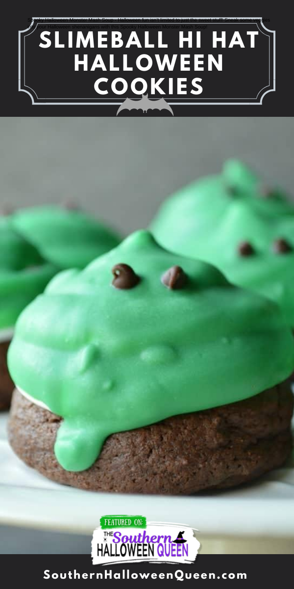 Slimeball Hi Hat Halloween Cookies - These soft cake-like chocolate cookies make the perfect base for fluffy marshmallow frosting. Slimeball Hi Hat Halloween Cookies are such a fun way to celebrate! via @southernhalloweenqueen