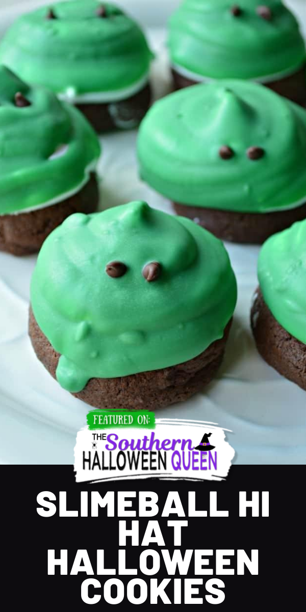 Slimeball Hi Hat Halloween Cookies - These soft cake-like chocolate cookies make the perfect base for fluffy marshmallow frosting. Slimeball Hi Hat Halloween Cookies are such a fun way to celebrate! via @southernhalloweenqueen