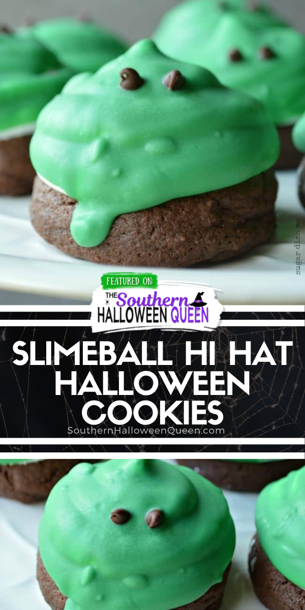 Slimeball Hi Hat Halloween Cookies - These soft cake-like chocolate cookies make the perfect base for fluffy marshmallow frosting. Slimeball Hi Hat Halloween Cookies are such a fun way to celebrate! via @southernhalloweenqueen