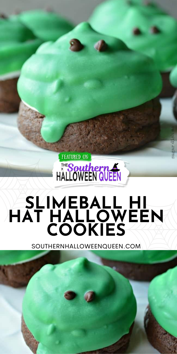 Slimeball Hi Hat Halloween Cookies - These soft cake-like chocolate cookies make the perfect base for fluffy marshmallow frosting. Slimeball Hi Hat Halloween Cookies are such a fun way to celebrate! via @southernhalloweenqueen