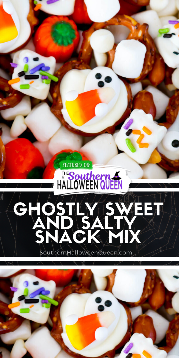 Treat your friends and family with this spooktacular Ghostly Sweet and Salty Snack Mix at your next Halloween Party! Leave the recipe as is or change it up to add whatever you like!  via @southernhalloweenqueen