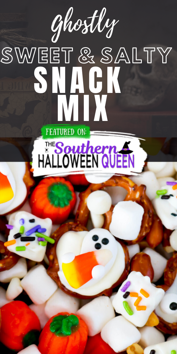Treat your friends and family with this spooktacular Ghostly Sweet and Salty Snack Mix at your next Halloween Party! Leave the recipe as is or change it up to add whatever you like!  via @southernhalloweenqueen