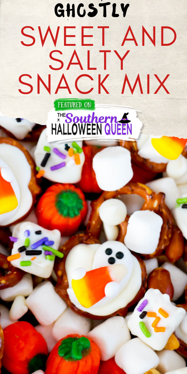 Treat your friends and family with this spooktacular Ghostly Sweet and Salty Snack Mix at your next Halloween Party! Leave the recipe as is or change it up to add whatever you like!  via @southernhalloweenqueen