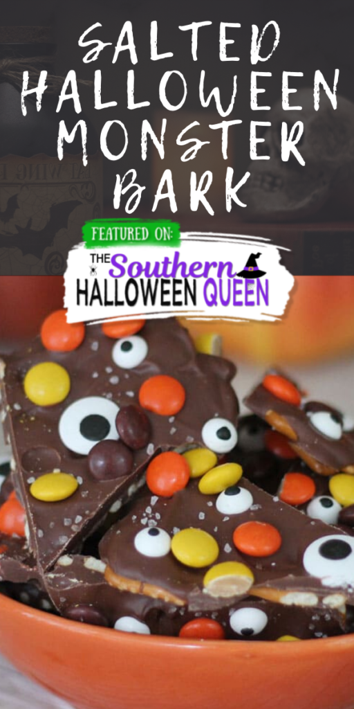 Salted Halloween Monster Bark - You'll love this each Halloween Monster Bark! Salted Halloween Monster Bark-Chocolate Candy Bark and pretzels decorated with Reeses Pieces, Monster Eyes and sprinkled with a little Sea Salt.