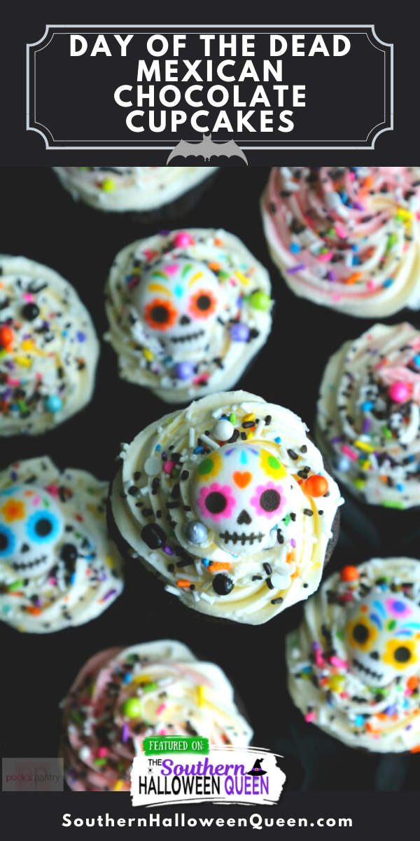 Celebrate Day of the Dead with these Day of the Dead Mexican Chocolate Cupcakes. What sets it apart from a regular chocolate cupcake is the Mexican chocolate. via @southernhalloweenqueen
