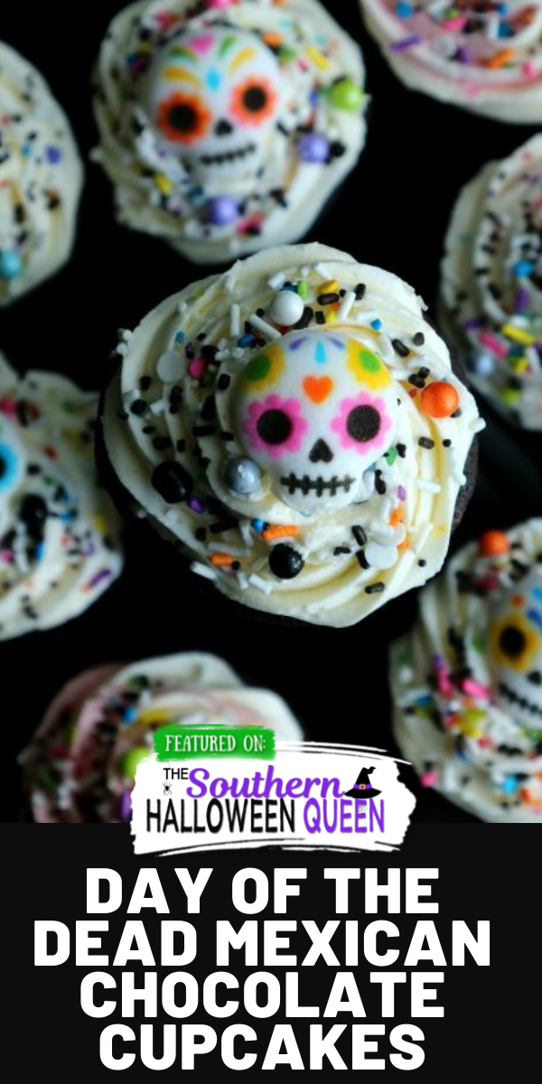 Celebrate Day of the Dead with these Day of the Dead Mexican Chocolate Cupcakes. What sets it apart from a regular chocolate cupcake is the Mexican chocolate. via @southernhalloweenqueen