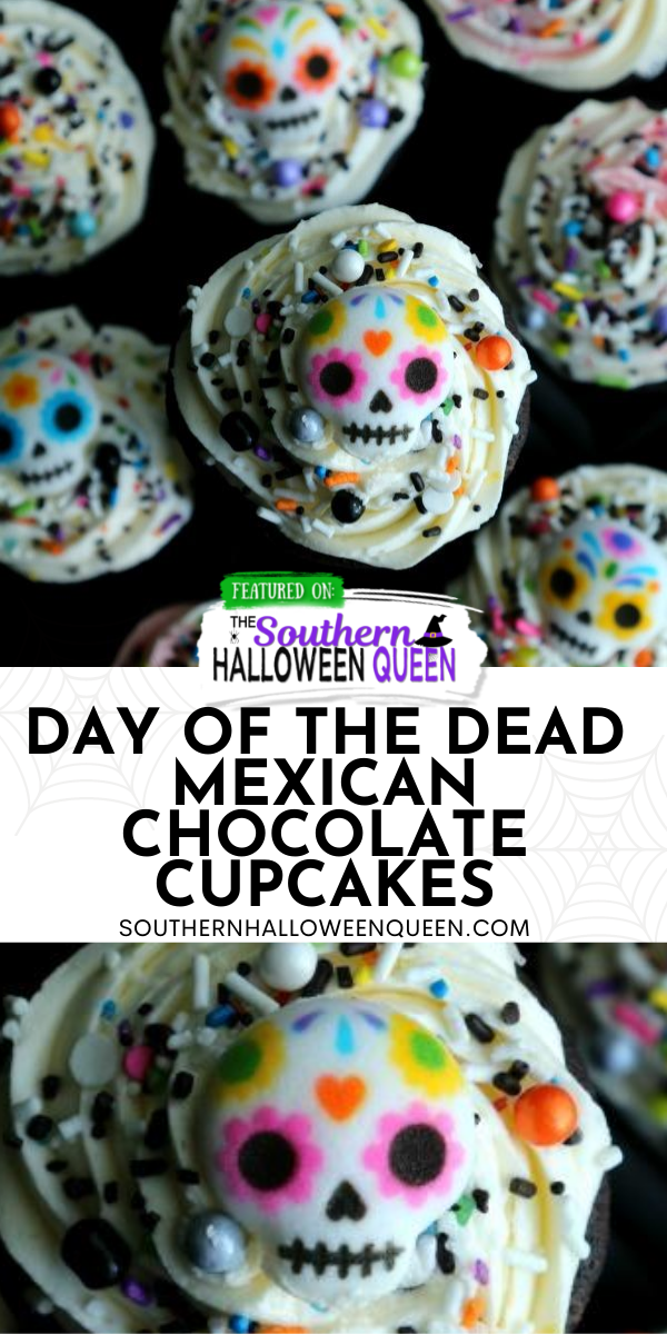 Celebrate Day of the Dead with these Day of the Dead Mexican Chocolate Cupcakes. What sets it apart from a regular chocolate cupcake is the Mexican chocolate. via @southernhalloweenqueen