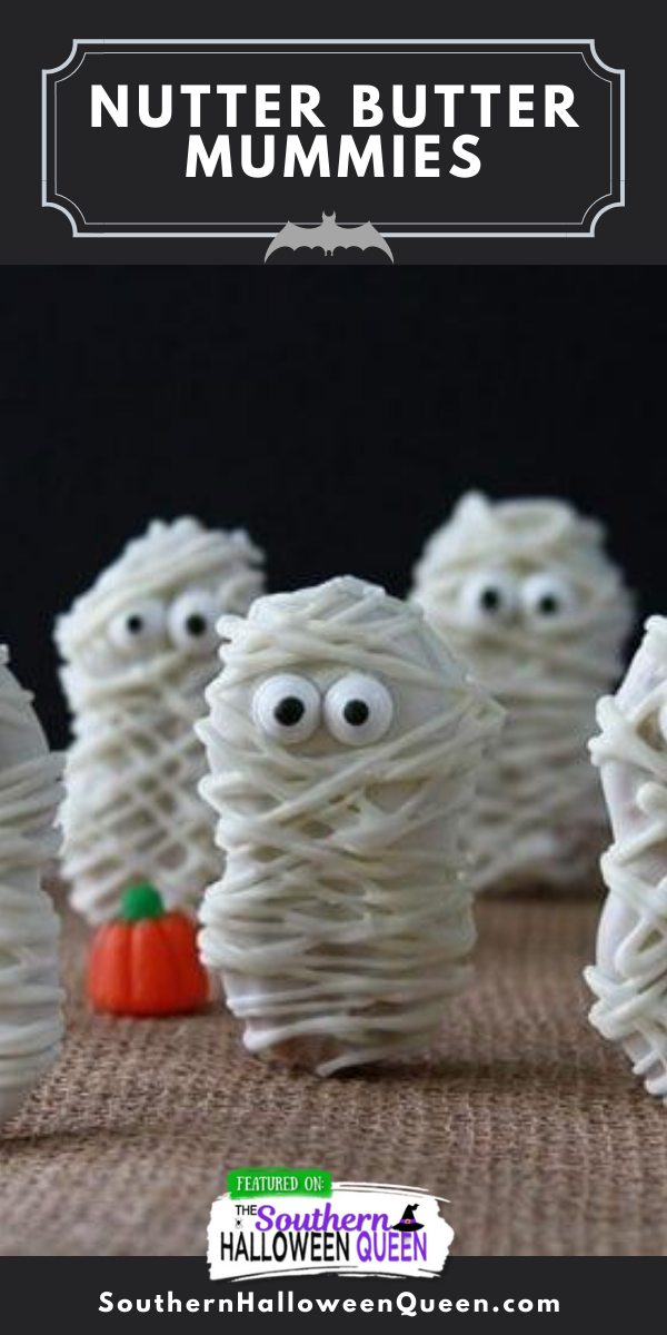 Nutter Butter Mummies - Not only are these little Nutter Butter Mummies cute, but they are incredibly easy, too!  All are a few ingredients and you’ll have some neat treats for your little ghosts and goblins in no time. via @southernhalloweenqueen