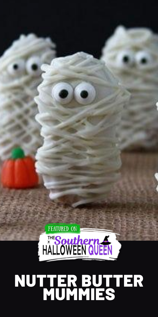 Nutter Butter Mummies - Not only are these little Nutter Butter Mummies cute, but they are incredibly easy, too!  All are a few ingredients and you’ll have some neat treats for your little ghosts and goblins in no time. via @southernhalloweenqueen